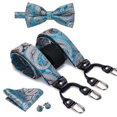 Hi-Tie Jacquard szőtt selyem arany férfi pánttartók csokornyakkendő Hanky mandzsettagomb készlet férfiaknak Állítható elasztikus gallusok férfiaknak