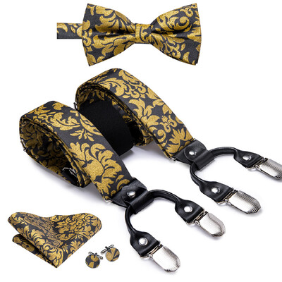 Hi-Tie Jacquard szőtt selyem arany férfi pánttartók csokornyakkendő Hanky mandzsettagomb készlet férfiaknak Állítható elasztikus gallusok férfiaknak