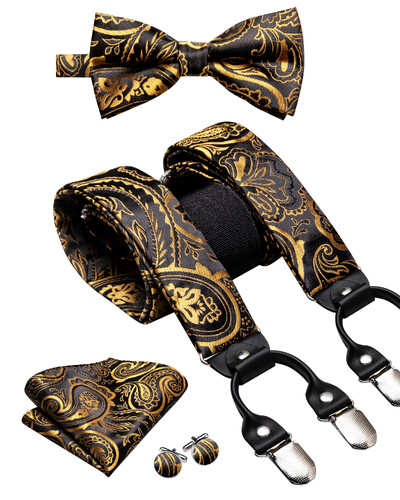 Hi-Tie Jacquard szőtt selyem arany férfi pánttartók csokornyakkendő Hanky mandzsettagomb készlet férfiaknak Állítható elasztikus gallusok férfiaknak