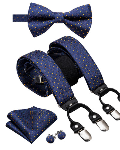 Hi-Tie Jacquard szőtt selyem arany férfi pánttartók csokornyakkendő Hanky mandzsettagomb készlet férfiaknak Állítható elasztikus gallusok férfiaknak