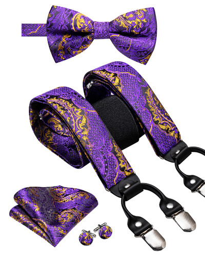 Hi-Tie Jacquard szőtt selyem arany férfi pánttartók csokornyakkendő Hanky mandzsettagomb készlet férfiaknak Állítható elasztikus gallusok férfiaknak