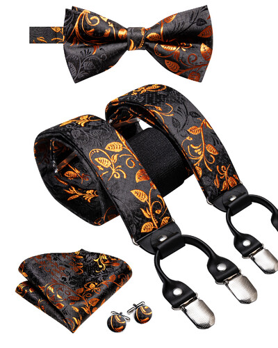 Hi-Tie Jacquard szőtt selyem arany férfi pánttartók csokornyakkendő Hanky mandzsettagomb készlet férfiaknak Állítható elasztikus gallusok férfiaknak