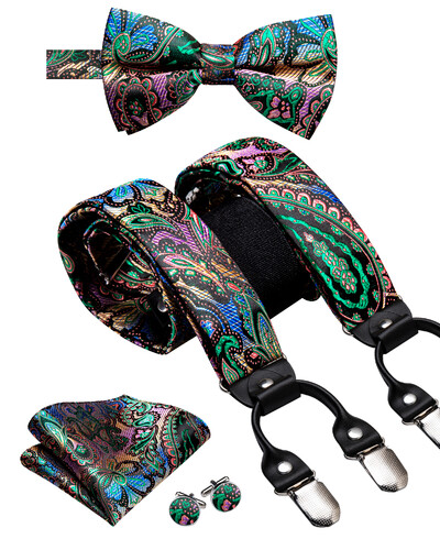 Hi-Tie Jacquard szőtt selyem arany férfi pánttartók csokornyakkendő Hanky mandzsettagomb készlet férfiaknak Állítható elasztikus gallusok férfiaknak