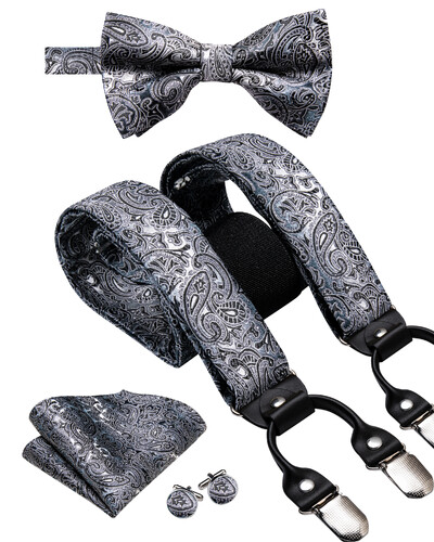 Hi-Tie Jacquard szőtt selyem arany férfi pánttartók csokornyakkendő Hanky mandzsettagomb készlet férfiaknak Állítható elasztikus gallusok férfiaknak