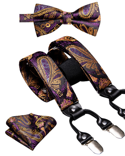 Hi-Tie Jacquard szőtt selyem arany férfi pánttartók csokornyakkendő Hanky mandzsettagomb készlet férfiaknak Állítható elasztikus gallusok férfiaknak