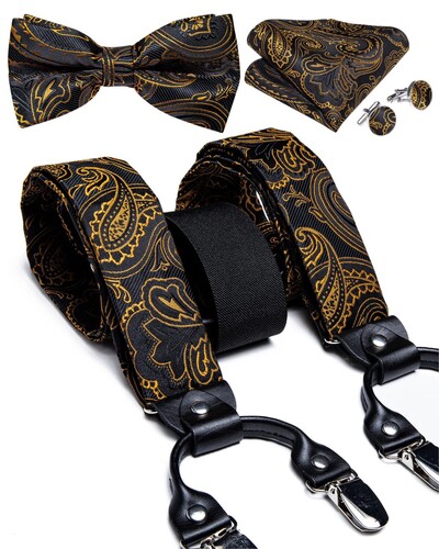 Πολυτελές χρυσό μαύρο σετ αντρικές ζαρτιέρες Μόδα αληθινό δέρμα με 6 κλιπ Ζαρτιέρες Τιράντες Νυφικές μεταξωτές ζαρτιέρες Σετ παπιγιόν DiBanG