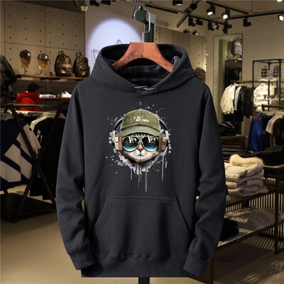 Cu căști, pisică și ochelari de soare, hanorac pentru bărbați, hanorac lânc, cald, toamnă, ocazional, cu glugă, haine sportive unisex