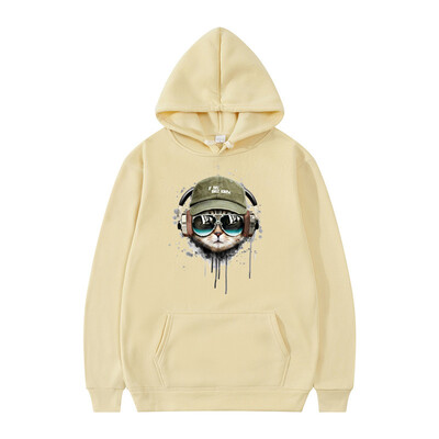 Cu căști, pisică și ochelari de soare, hanorac pentru bărbați, hanorac lânc, cald, toamnă, ocazional, cu glugă, haine sportive unisex