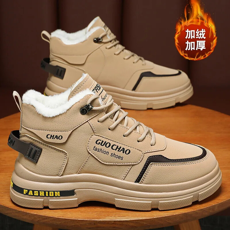 Ziemas vīriešu zābaki 2025. gada jauni plīša augsti modeļi, silti, kokvilnas apavi Cargo apavi Īsi zābaki, šņorējami, platforma, sniega zābaki, kedas