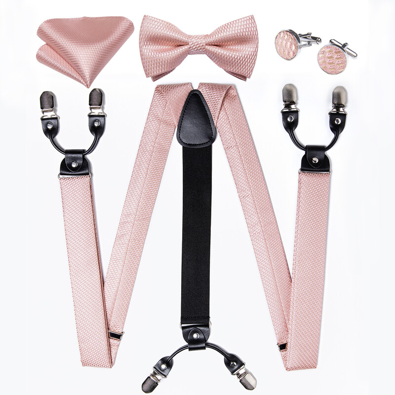 Rózsaszín zöld, tömör, felfüggesztett csokornyakkendő szett négyszögletes zsebbel mandzsettagombokkal, esküvői szalagavató 6 kapcsos, állítható Y-alakú férfi nadrágtartó