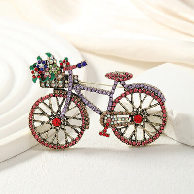 Vintage Creative Rhinestones Bike Brooches For Women Unisex Fashion Crystal Flower Bicycle Brooch Backpack Suit Pins Jewelry