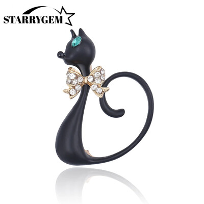 Enamel Cat Brooches for Women Unisex Rhinestone Bow Pins Office Party Friend Gifts Jewelry Accessories