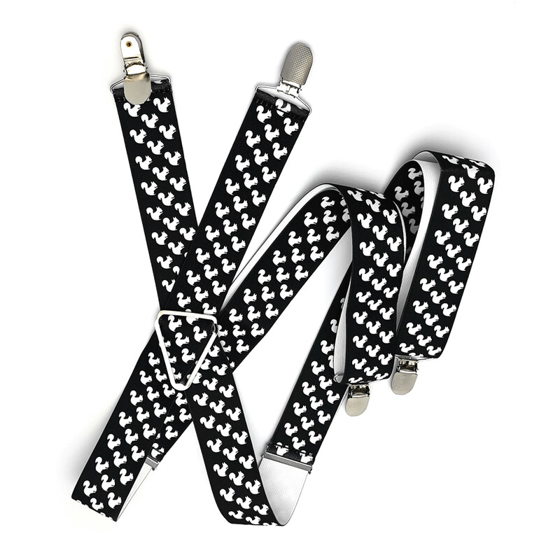 3,5 cm széles kis mókus állati nyomott nadrágtartók Férfi Stretch Állítható X-hátú női nadrágtartó 4 kapcsos merevítős ajándék