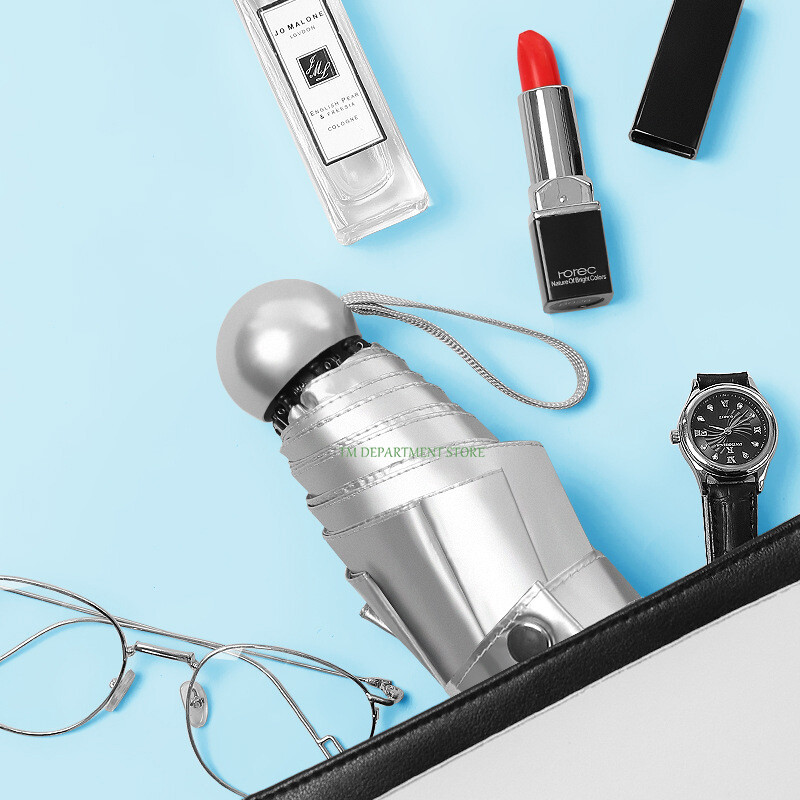 Μίνι ομπρέλα με τσέπη ασημί τιτανίου 8 πλευρών, αντι UV, αντιανεμική, πτυσσόμενη φορητή ομπρέλα για γυναίκες UPF