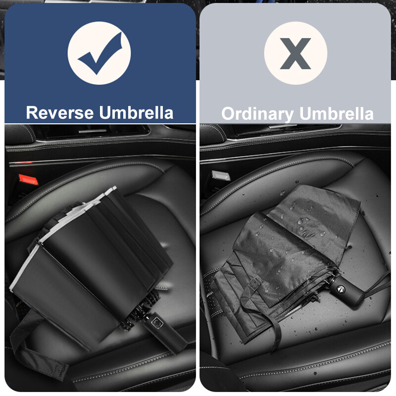 Vīriešu sieviešu lietussargs, pilnībā automātisks reversi salokāms lietussargs ar vēja necaurlaidīgiem atstarojošās svītras UV lietussargiem
