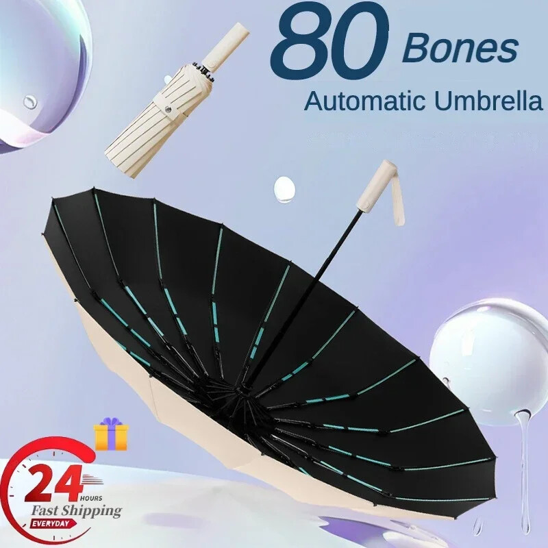 Umbrelă întărită cu 80 de oase, super puternică, rezistentă la vânt, pliabilă automată, pentru bărbați, umbrelă mare, rezistentă la apă, anti-furtună, umbrele UV pentru femei