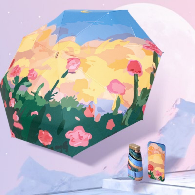 Mini saulessargs, rožu eļļas glezna, maza kabatas lietussarga saliekamais lietussargs UV ultravioletā starojuma aizsardzībai saulessargs saulessargs 우산