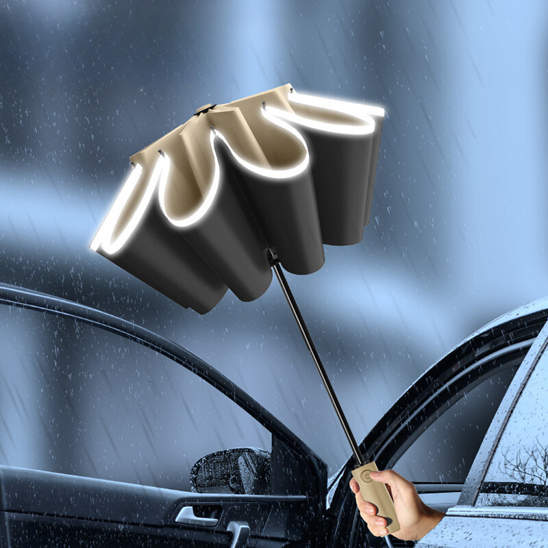 Umbrelă de soare pliabilă inversă complet automată cu dungi reflectorizante Umbrelă de soare cu oase duble, rezistentă la vânt