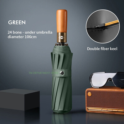 Kišobran s drvenom drškom otporan na vjetar, potpuno automatski, veliki, 3 sklopiva, dvostruka rebra, otporan na UV zračenje, putovanja, kiša, muškarci, žene na poklon, 32 kosti