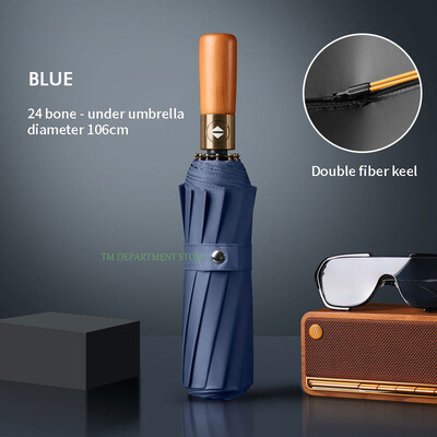 Kišobran s drvenom drškom otporan na vjetar, potpuno automatski, veliki, 3 sklopiva, dvostruka rebra, otporan na UV zračenje, putovanja, kiša, muškarci, žene na poklon, 32 kosti