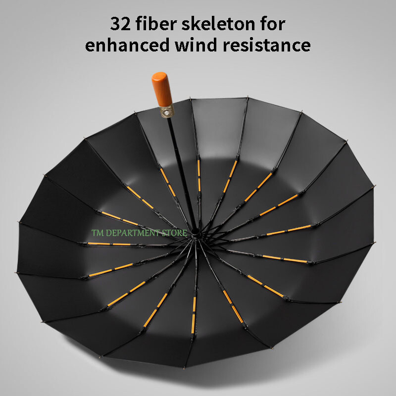 Kišobran s drvenom drškom otporan na vjetar, potpuno automatski, veliki, 3 sklopiva, dvostruka rebra, otporan na UV zračenje, putovanja, kiša, muškarci, žene na poklon, 32 kosti