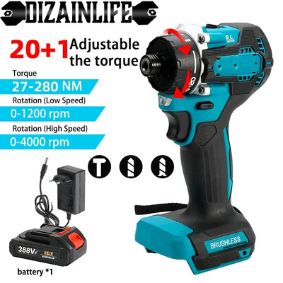 20+1 Torque 280N.m Ασύρματο Ηλεκτρικό Κατσαβίδι Τρυπάνι 1/4" Ηλεκτρικό Τρυπάνι Κατσαβίδι κρουστικό κλειδί με επαναφορτιζόμενη μπαταρία