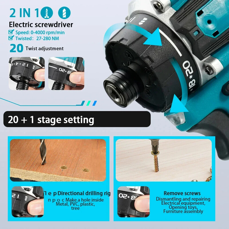 20+1 Torque 280N.m Ασύρματο Ηλεκτρικό Κατσαβίδι Τρυπάνι 1/4" Ηλεκτρικό Τρυπάνι Κατσαβίδι κρουστικό κλειδί με επαναφορτιζόμενη μπαταρία