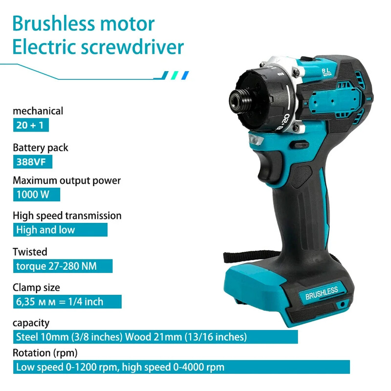 20+1 Torque 280N.m Ασύρματο Ηλεκτρικό Κατσαβίδι Τρυπάνι 1/4" Ηλεκτρικό Τρυπάνι Κατσαβίδι κρουστικό κλειδί με επαναφορτιζόμενη μπαταρία