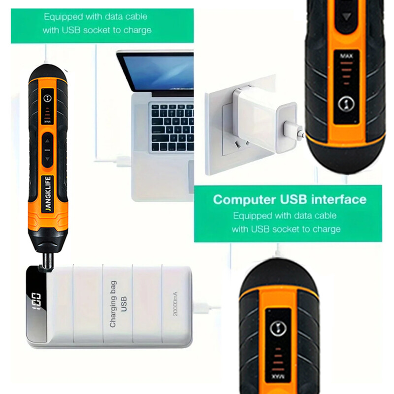 JANGKLIFE bezvadu elektriskais skrūvgriezis, uzlādējams 1300 mah litija akumulators, mini urbjmašīna, 3,6 V elektroinstrumentu komplekts