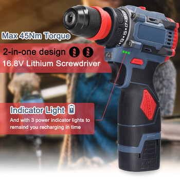 16,8 V Brushless Motor 2 in 1 Cordless Drill Drill Drill Electric Screwdriver Battery Screw Driver Roque 45Nm Drills and Screwdriver