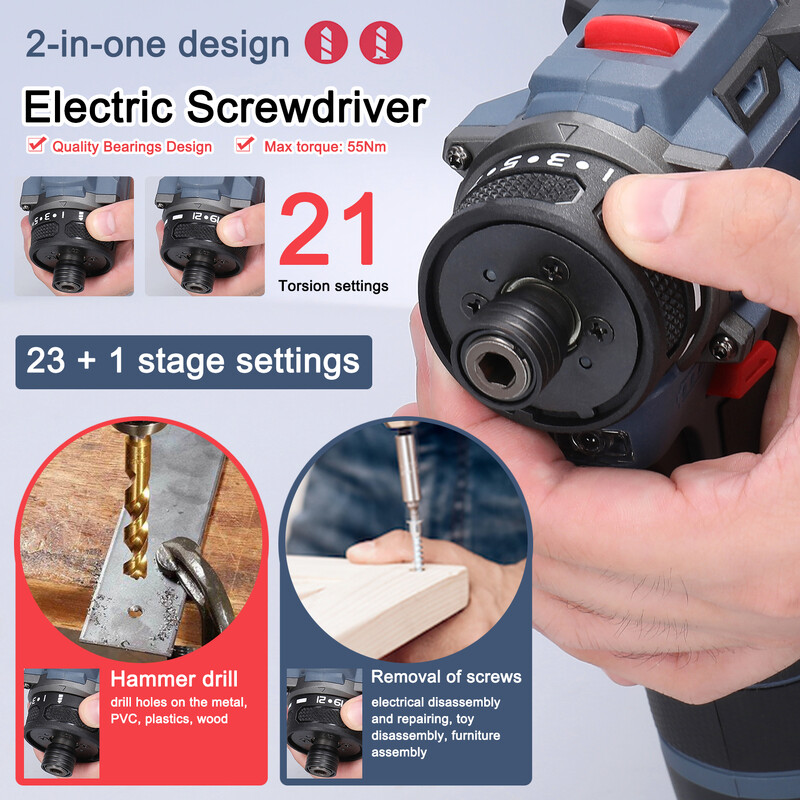 21V elektrický skrutkovač, nabíjateľný 55Nm krútiaci moment, bezkartáčový motor, akumulátorový skrutkovač, príklepová vŕtačka, bezdrôtová skrutkovačová vŕtačka