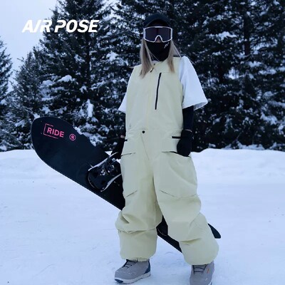 AIRPOSE vēja necaurlaidīgas un ūdensnecaurlaidīgas slēpošanas bikses vīriešiem un sievietēm Viendaļīgs kombinezons ar finiera dubultā dēļa siksnu, vēja necaurlaidīgas slēpošanas bikses