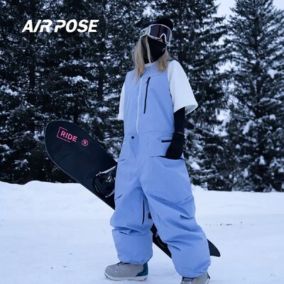 AIRPOSE vēja necaurlaidīgas un ūdensnecaurlaidīgas slēpošanas bikses vīriešiem un sievietēm Viendaļīgs kombinezons ar finiera dubultā dēļa siksnu, vēja necaurlaidīgas slēpošanas bikses