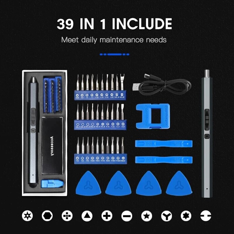 Elektrisko skrūvgriežu komplekts 12/39/50 vienā Precīzijas magnētiskais Phillips Torx uzgaļi Ātrās uzlādes daudzfunkciju remonta elektroinstruments