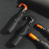 Αντιανεμική ομπρέλα βρετανικού στυλ, μεγάλες ομπρέλες αυτόματης βροχής, ανδρικό δώρο με ξύλινη λαβή, ανδρική ομπρέλα τριπλής ποιότητας για γυναίκες