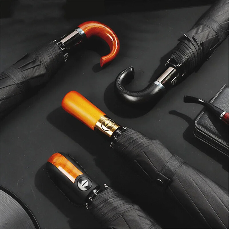 Αντιανεμική ομπρέλα βρετανικού στυλ, μεγάλες ομπρέλες αυτόματης βροχής, ανδρικό δώρο με ξύλινη λαβή, ανδρική ομπρέλα τριπλής ποιότητας για γυναίκες