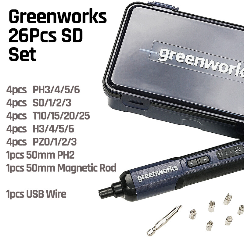 Set de mini șurubelnițe Greenworks Max 8Nm 4V Șurubelniță electrică fără fir 2000mAh Li-ion USB reîncărcabilă cu set de 26 de biți