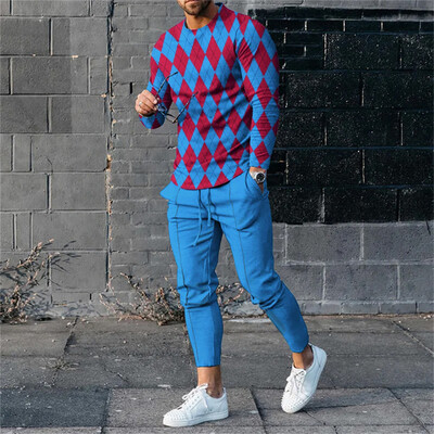 Ανδρική φόρμα καλοκαιρινής φόρμας 2 τεμαχίων Trend μακρυμάνικο μπλουζάκι με λαιμόκοψη σε O + παντελόνι Φαρδιά μεγάλου μεγέθους ρούχα Ανδρικά ρούχα σε αθλητικό στυλ 2024