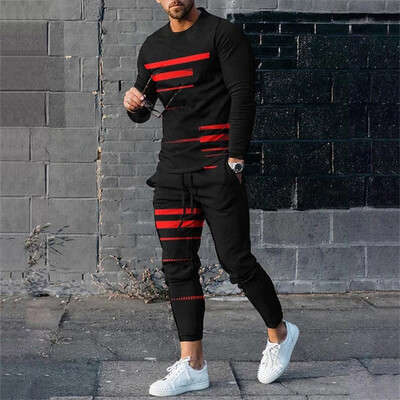 Ανδρική φόρμα καλοκαιρινής φόρμας 2 τεμαχίων Trend μακρυμάνικο μπλουζάκι με λαιμόκοψη σε O + παντελόνι Φαρδιά μεγάλου μεγέθους ρούχα Ανδρικά ρούχα σε αθλητικό στυλ 2024