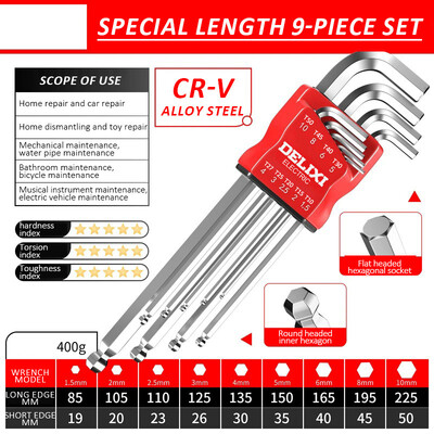 DELIXI ELECTRIC Set chei hexagonale, set de șurubelnițe hexagonale cu chei hexagonale cu manșon universal cuplu lung metrice, pentru motociclete, biciclete