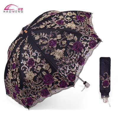 Umbrelă de soare pentru doamnă, ploaie, femeie, dantelă, umbrelă pliabilă, rezistentă la vânt, broderie, pânză, umbrelă de soare, acoperire neagră, cadou Parapluie SY405