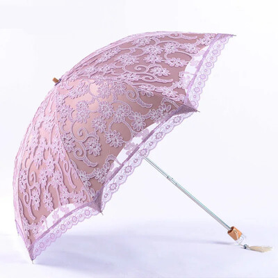 Mežģīņu puķu sievietes saulessargs vintage kāzu ballīšu dekors Saulessargs UV aizsardzība pret vēju izturīgs saulessargs 3 salokāms kristāla rokturis