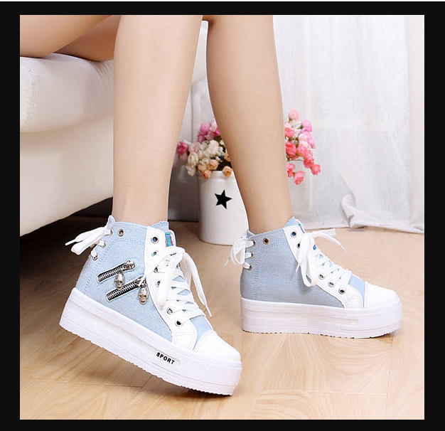 Pavasara sieviešu audekla apavi ar biezu zoli, aizšņorējami mugurā ar rāvējslēdzēju platforma vienkrāsaini korejiešu stila ikdienas apavi studentiem