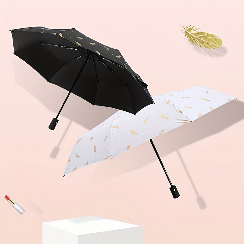 Umbrelă de soare de înaltă calitate, complet automată, de modă, bărbați, femei, lipici negru, umbrelă anti-UV, cu pene de aur, umbrelă însorită și ploioasă