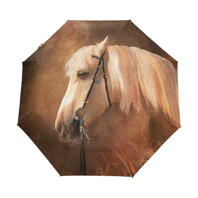 Αστεία ελαιογραφία Ομπρέλες ηλίου βροχής αλόγων Ακουαρέλα αγροικία Ζώο Ελαφριά αντιανεμική πτυσσόμενη ομπρέλα ταξιδιού για ενήλικες