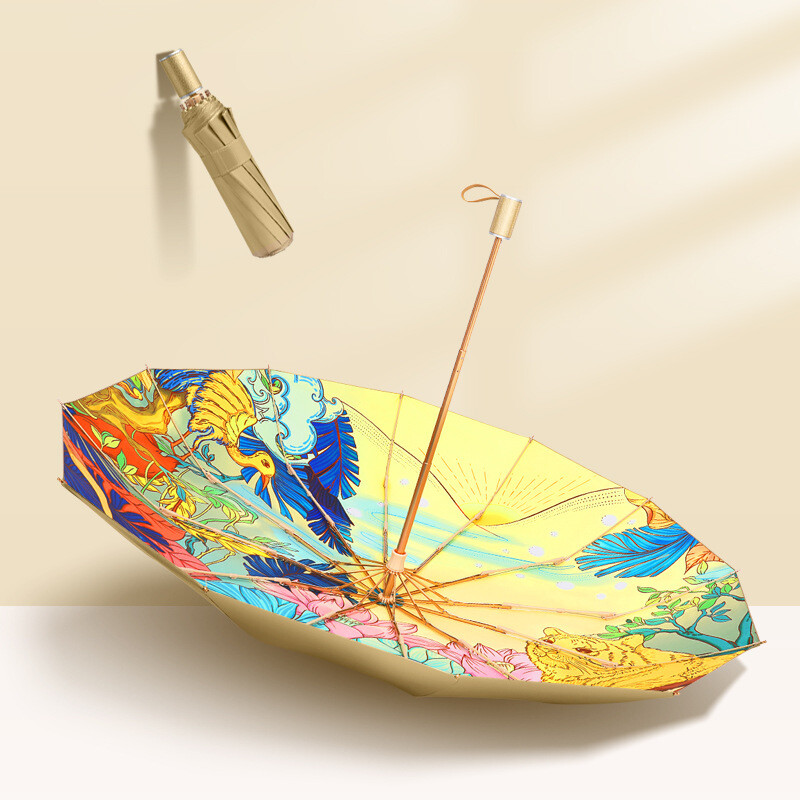 Ρετρό κινέζικη ομπρέλα ηλίου Γυναικεία Χρυσή Προστασία από υπεριώδη ακτινοβολία 12 Ribs Ισχυρή ομπρέλα για κορίτσι αντιανεμική 3 πτυσσόμενες ομπρέλες για δώρο