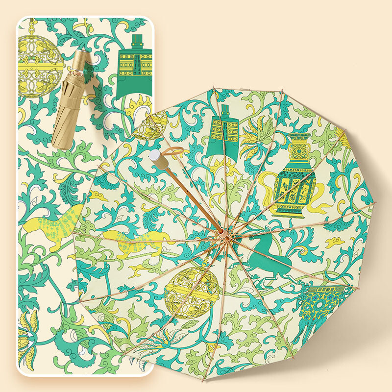 Ρετρό κινέζικη ομπρέλα ηλίου Γυναικεία Χρυσή Προστασία από υπεριώδη ακτινοβολία 12 Ribs Ισχυρή ομπρέλα για κορίτσι αντιανεμική 3 πτυσσόμενες ομπρέλες για δώρο