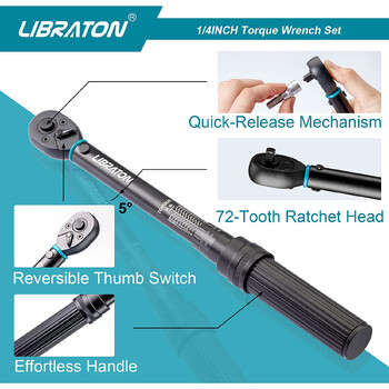 Libraton Bike Torque Wrench 1/4\'\', 5-25Nm, 0,1Nm Micro, Drive Click Torque Wrench Set, Hex, Torx/Star Bit Sockets, Extension Bar