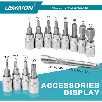 Libraton Bike Torque Wrench 1/4\'\', 5-25Nm, 0,1Nm Micro, Drive Click Torque Wrench Set, Hex, Torx/Star Bit Sockets, Extension Bar