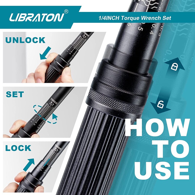 Libraton velosipēda griezes momenta atslēga 1/4 collas, 5-25 Nm, 0,1 Nm mikro, piedziņas griezes momenta uzgriežņu atslēgu komplekts, sešstūra, Torx/Star uzgaļu ligzdas, pagarinātājs